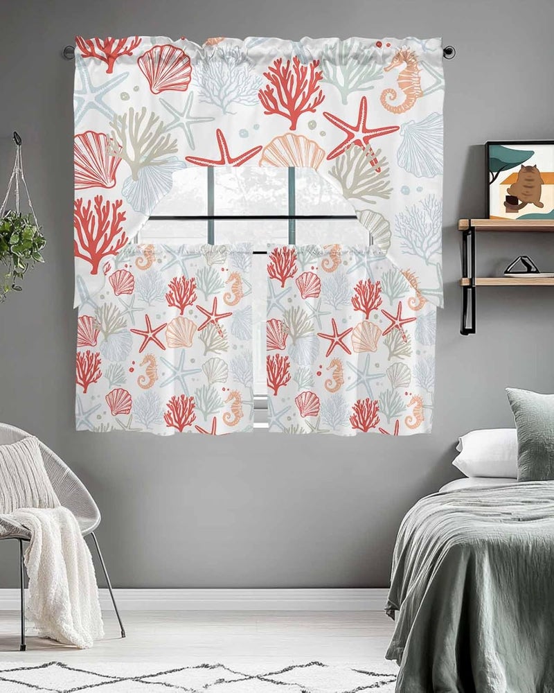 Jolunifun Ocean Orange Red Swag Kitchen Curtain Sets with Valance,3 Pieces Coastal Starfish Coral Shell Marine Curtain Drapes Rod Pocket for Bedroom Bathroom Cafe Windows,56''x36'' & 24''x27.5''x2Panels - Image 5